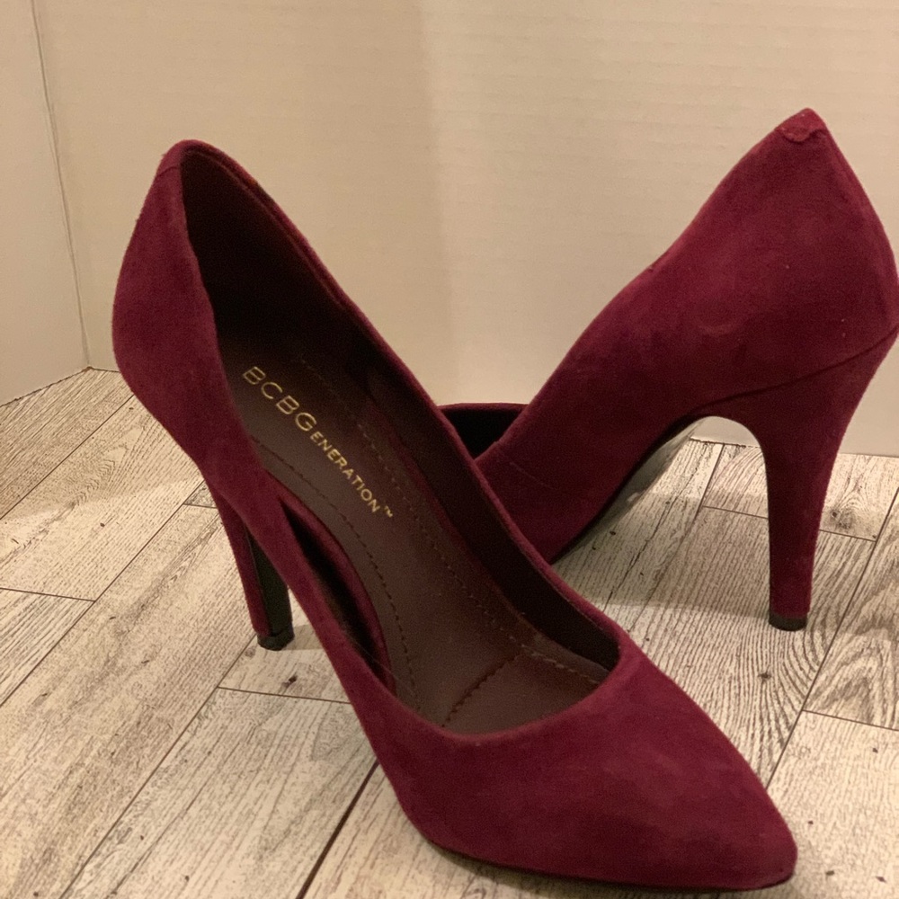 BCBGeneration, Dark Wine Suede Pumps size 5B/35; 3 1/2 inch heel.